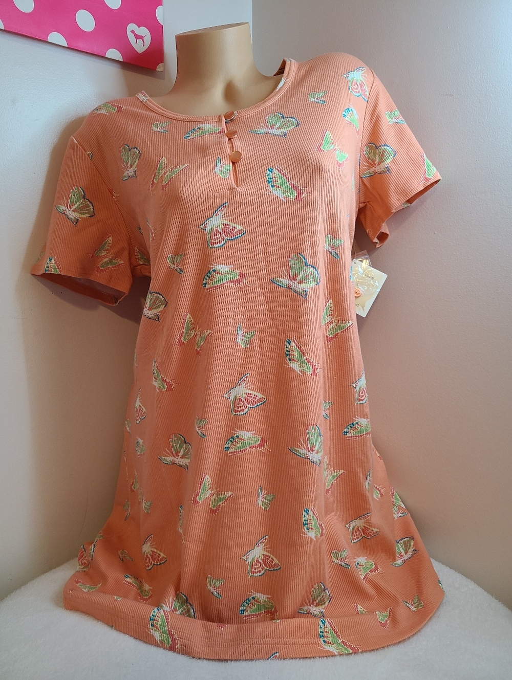 VTG Intimate Essentials Soft Cotton Ribbed Butterfly Nightgown Size M